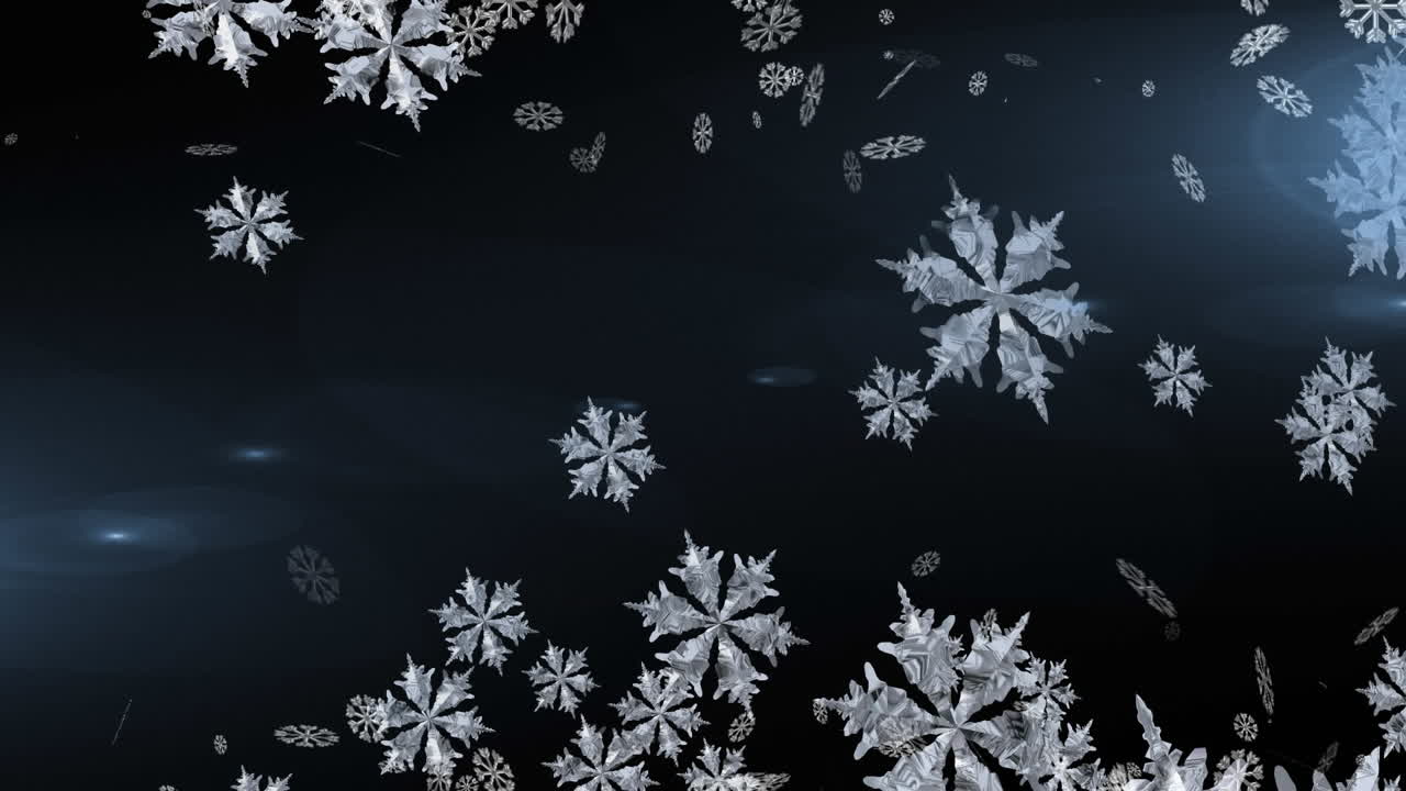 Digital animation of snow flakes moving against light spots on blue background