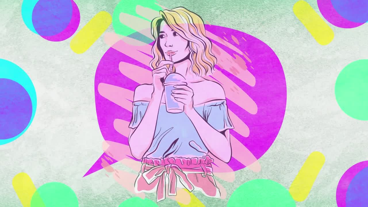animación de una mujer con bebida para llevar sobre una burbuja de habla rosa y formas coloridas, en gris