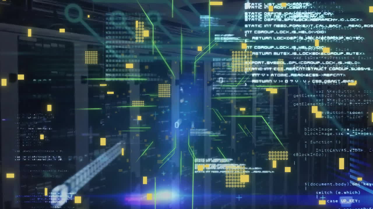 Animation of circuit board and digital data processing over computer servers