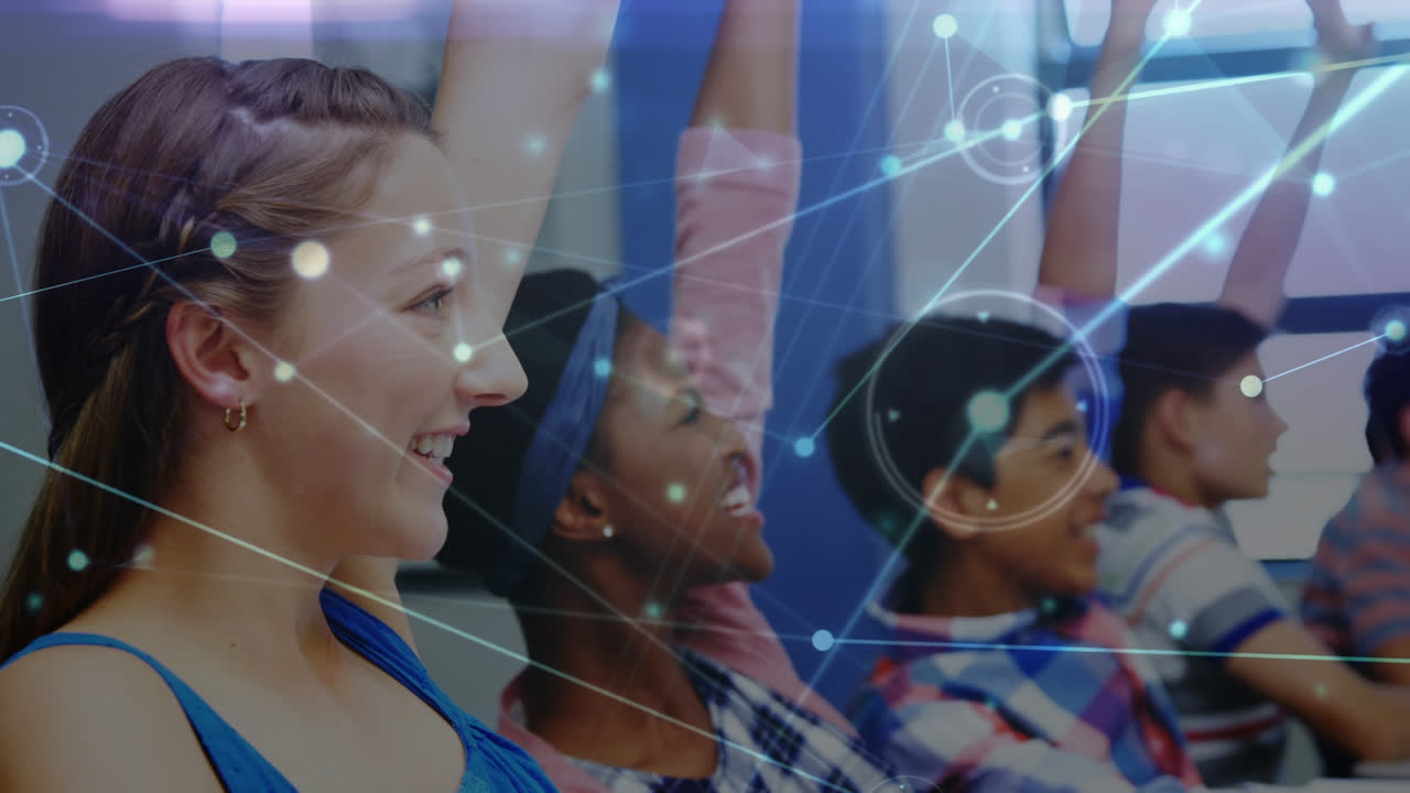 Animation of data processing over diverse students raising hands