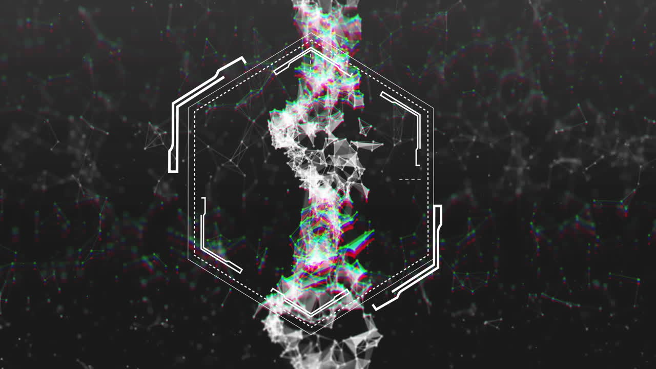 검은 바탕에 있는 육각형 모양, 회전하는 dna 구조 및 연결 네트워크의 애니메이션