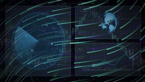 using animation, digital interface with world map and graphs for data visualization