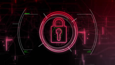 glowing red padlock icon with animation on dark digital interface background