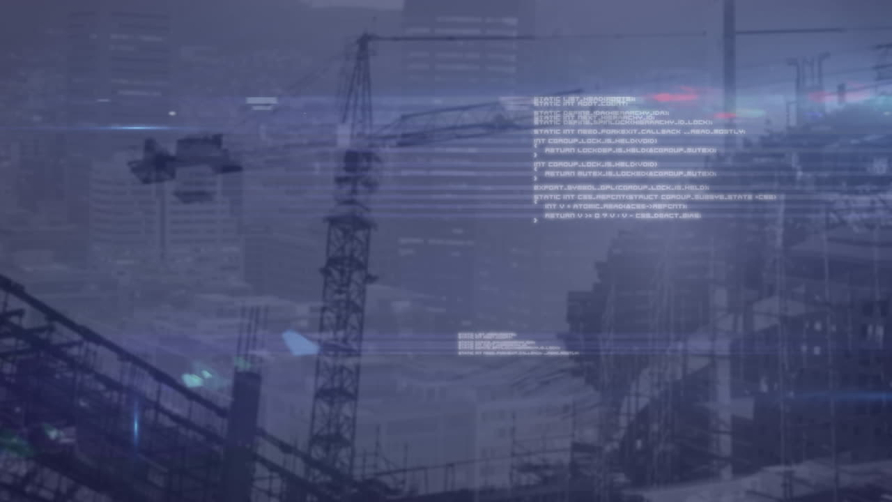 animazione dell'elaborazione dei dati e punti di luce contro il cantiere