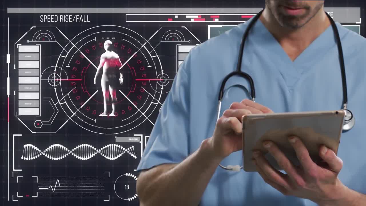 Caucasian health worker using digital tablet against digital interface with medical data processing