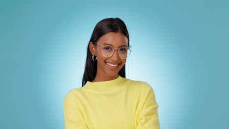 Woman,-glasses-and-face-with-eye-care-in-studio