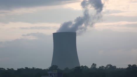 Close-up-static-shot-of-a-thermal-power-plant-cooling-tower-in-operation