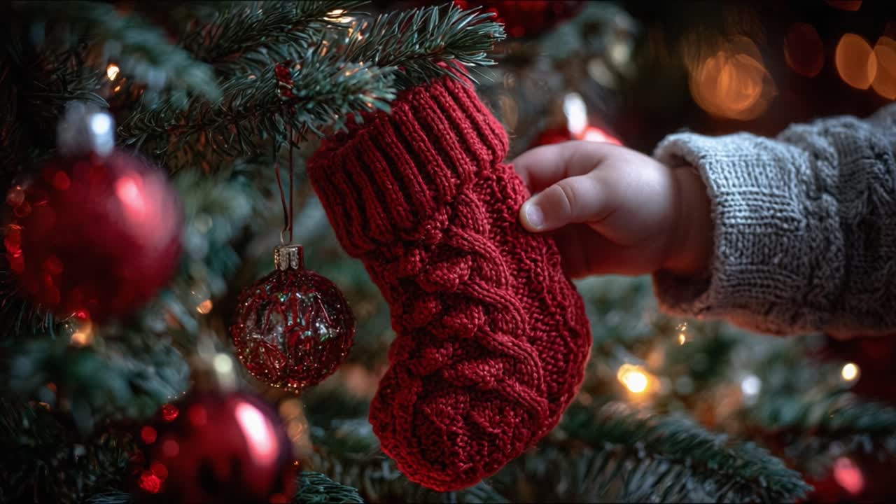 A cozy red Christmas stocking hangs from a beautifully decorated tree, enhanced by shimmering ornaments and glowing lights, capturing the warmth of the festive season