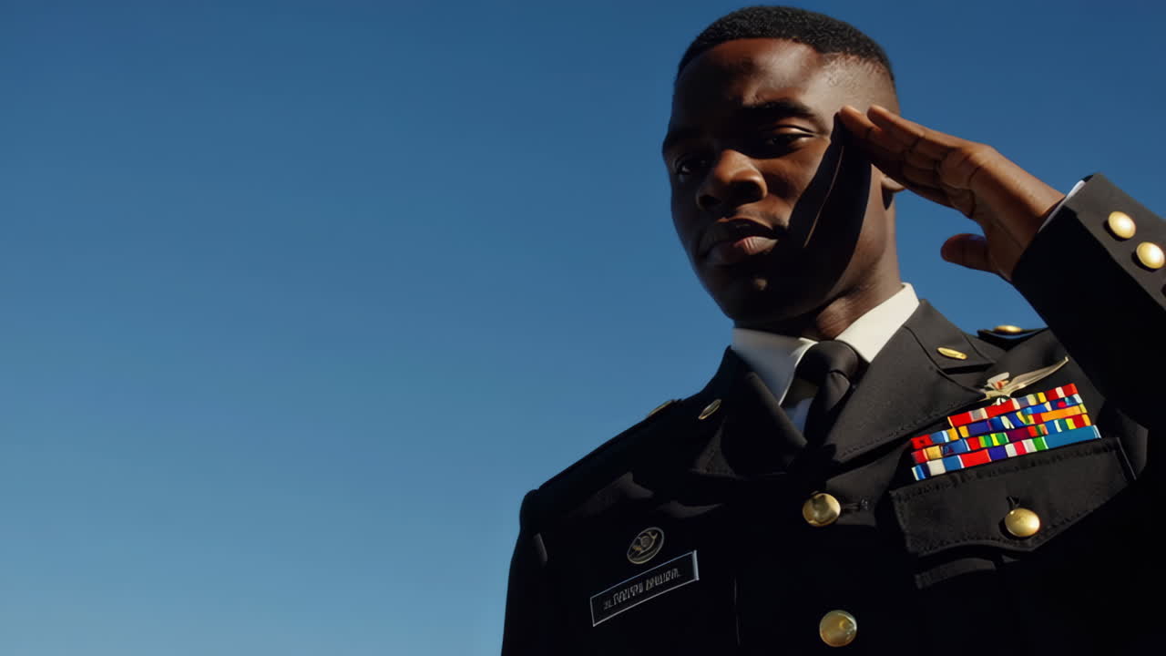 African American Soldier in Uniform Saluting Under Blue Sky