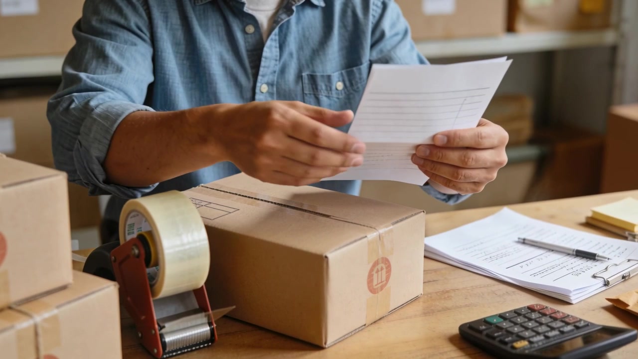 Empacador con camisa azul colocando un paquete, sellando una caja con cinta adhesiva en la mesa de empaque, verificando la dirección.