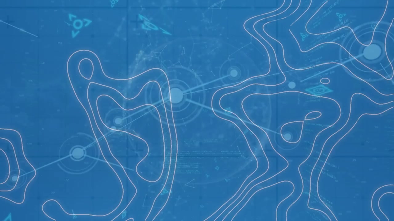 Animation of data, isohypses, connections and globe on blue background