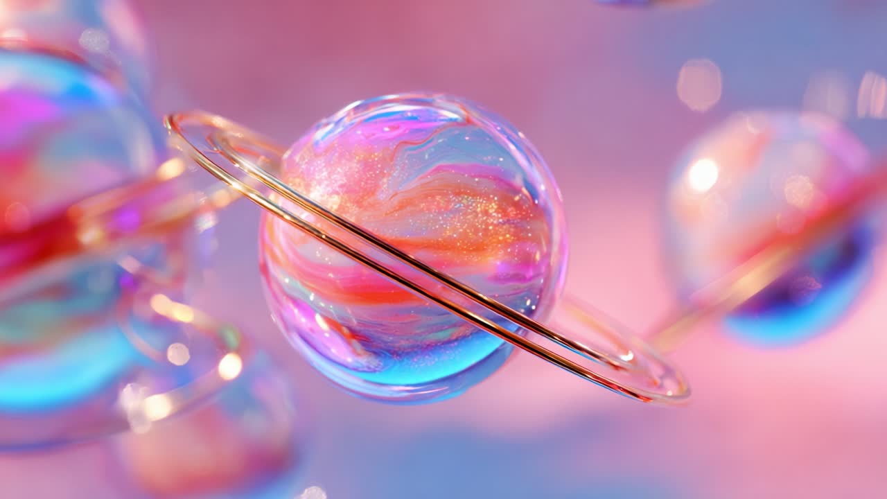 A Captivating Visual of Colorful Floating Bubbles and Planets Displaying Iridescent Hues and Celestial Rings in a Dreamlike Cosmic Environment of Abstract Beauty