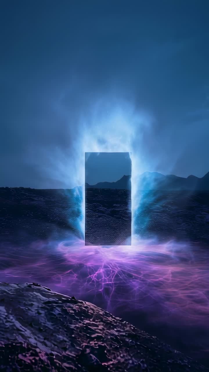 Vertical video: Pulsing portal sending blue aura, casting purple arcs over rocky plain, stabilizing