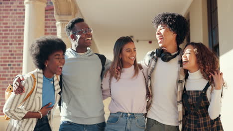 students, laughing and college friends group
