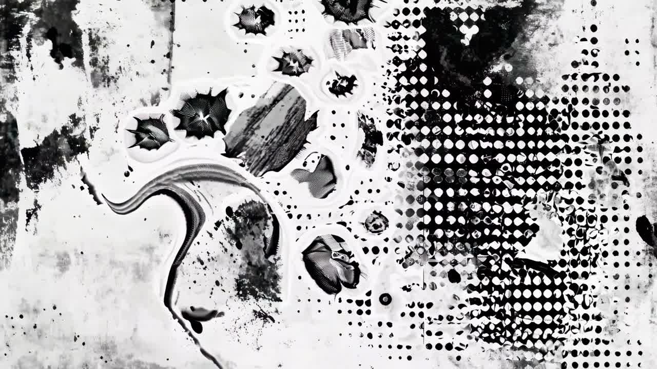 Abstrakte Schwarz-Weiß-Grunge-Kunst mit Halbtonpunkten, aus einem Blickwinkel von oben betrachtet
