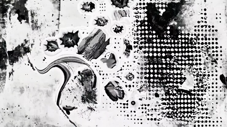 Arte grunge astratta in bianco e nero con puntini halftone, vista da un angolo dall'alto verso il basso