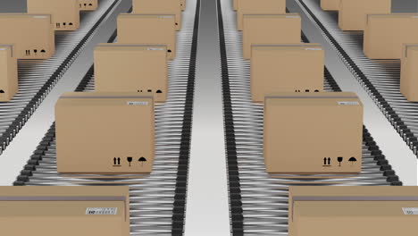 rows of cardboard packing boxes moving on conveyor belts