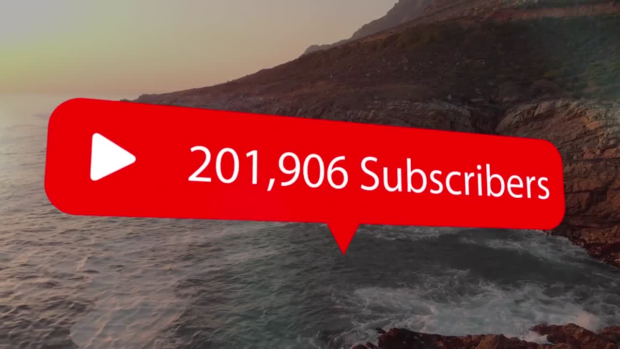 Animation of social media icon and subscribers text over ocean's coast
