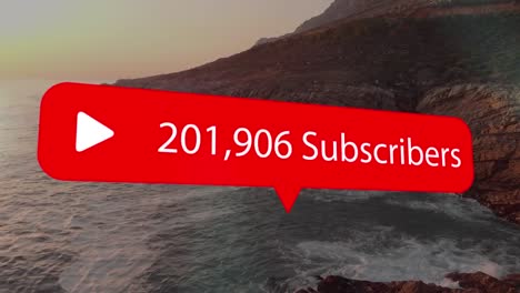 Animation of social media icon and subscribers text over ocean&#039;s coast