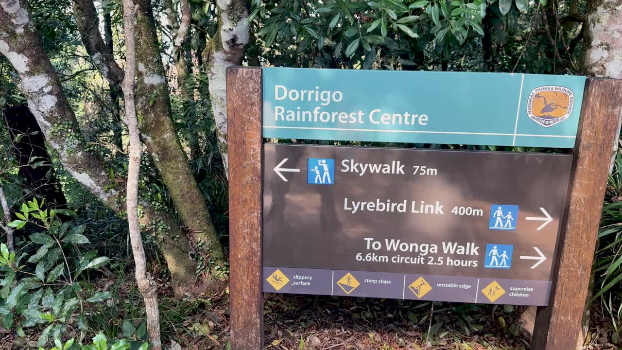 Camera slowly pans across a trail sign at Dorrigo Rainforest Centre, surrounded by dense foliage in natural daylight, highlighting walking directions and distances