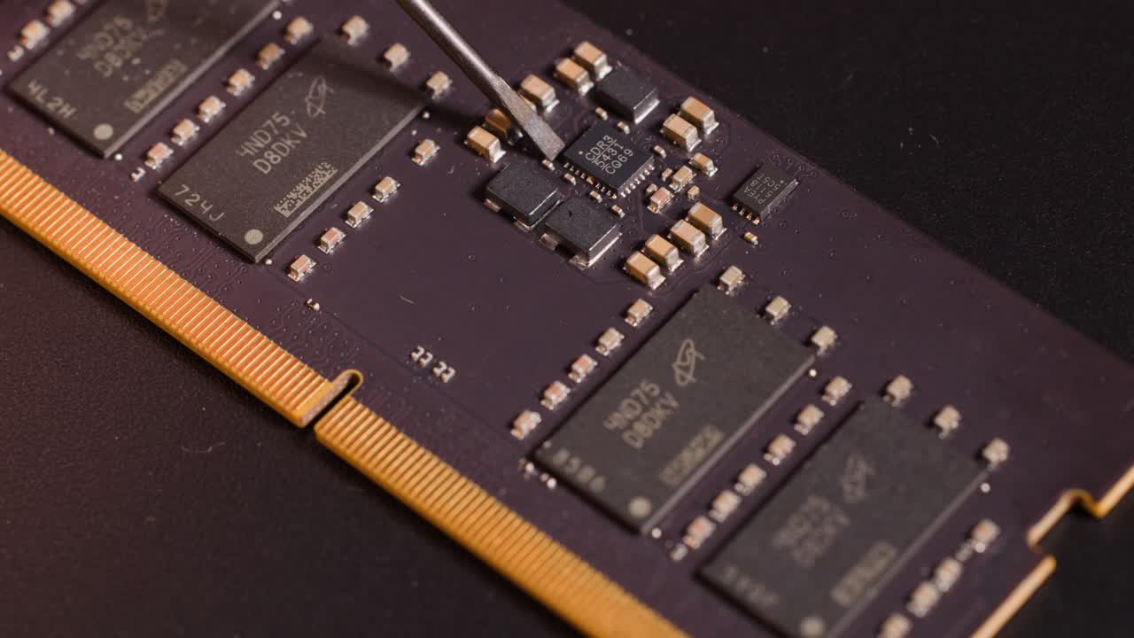 Close-up macro shot of a metal tool inspecting electronic components on a computer RAM module