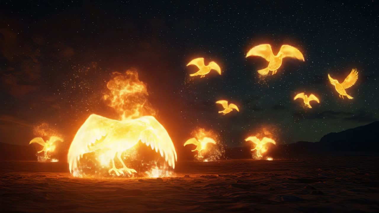 A Spectacular Display of Fiery Birds Takes Flight, Illuminating the Night Sky with Their Ethereal Glow and Creating a Captivating Scene of Transformation and Freedom