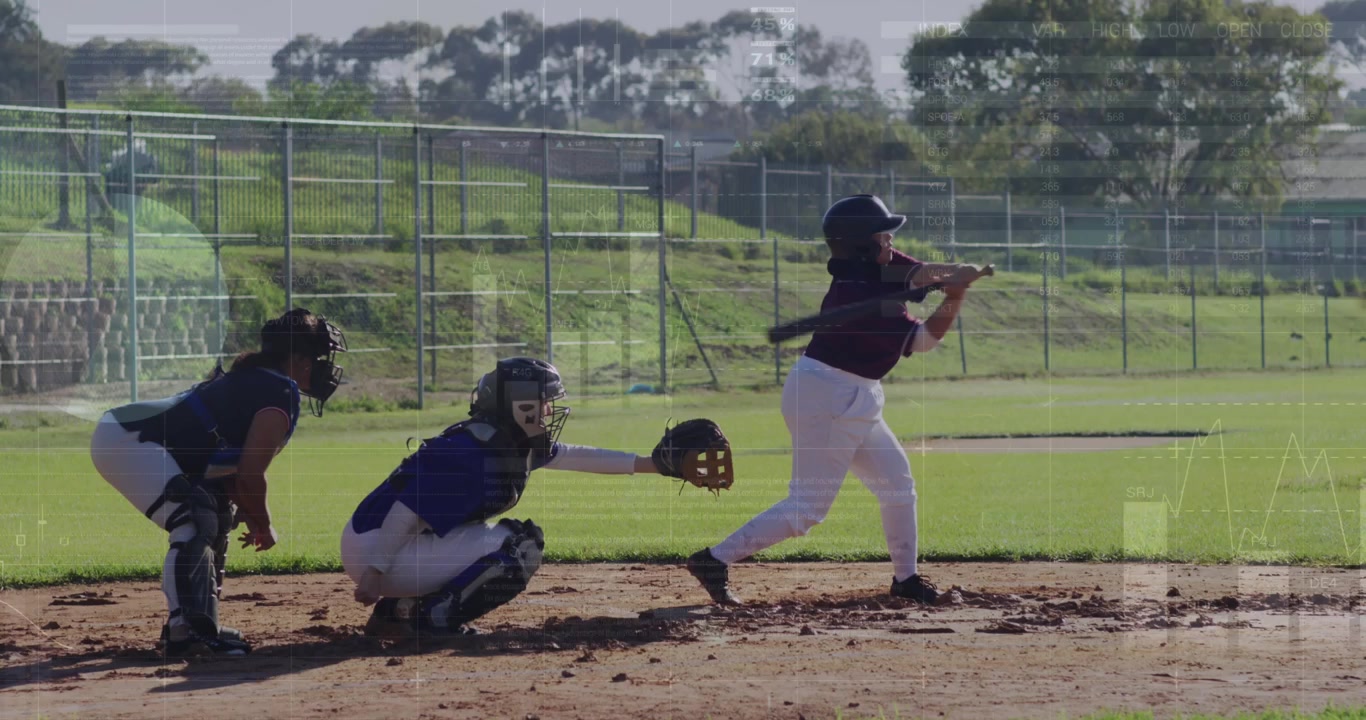 Animazione di elaborazione dati sopra diverse giocatrici di baseball