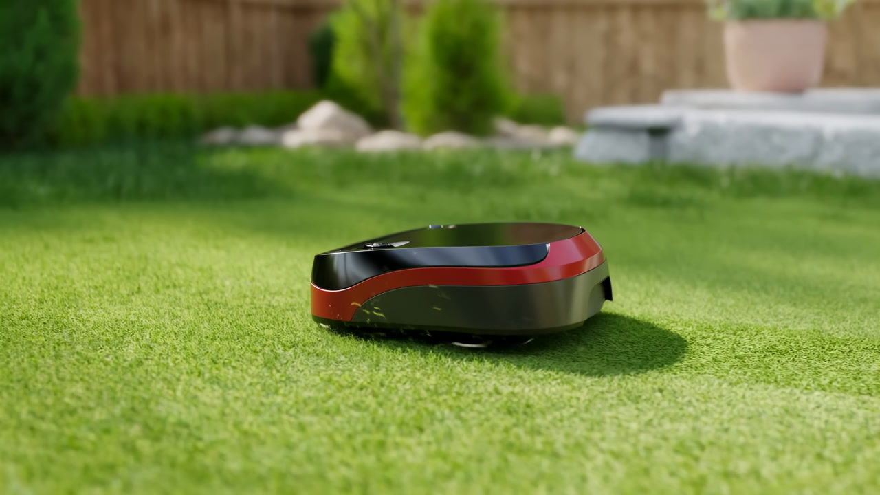 Robotic Lawn Mower On Grass Sleek Red Autonomous Unit Gliding Across Suburban Backyard Under Soft Sunlight