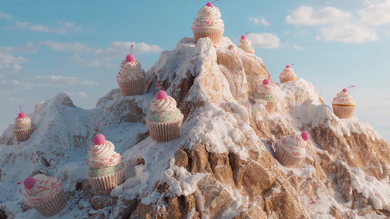Kretsande kamera som cirklar runt efterrättsbergen utomhus, och avslöjar toppmötesmuffins med rosa körsbär
