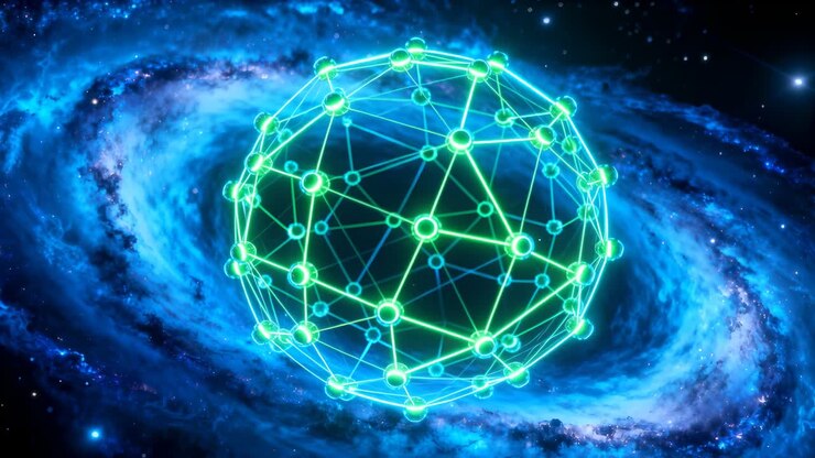 Inizio sequenza, una sfera a rete geodetica ruota sopra una galassia a spirale, con un nodo centrale pulsante.