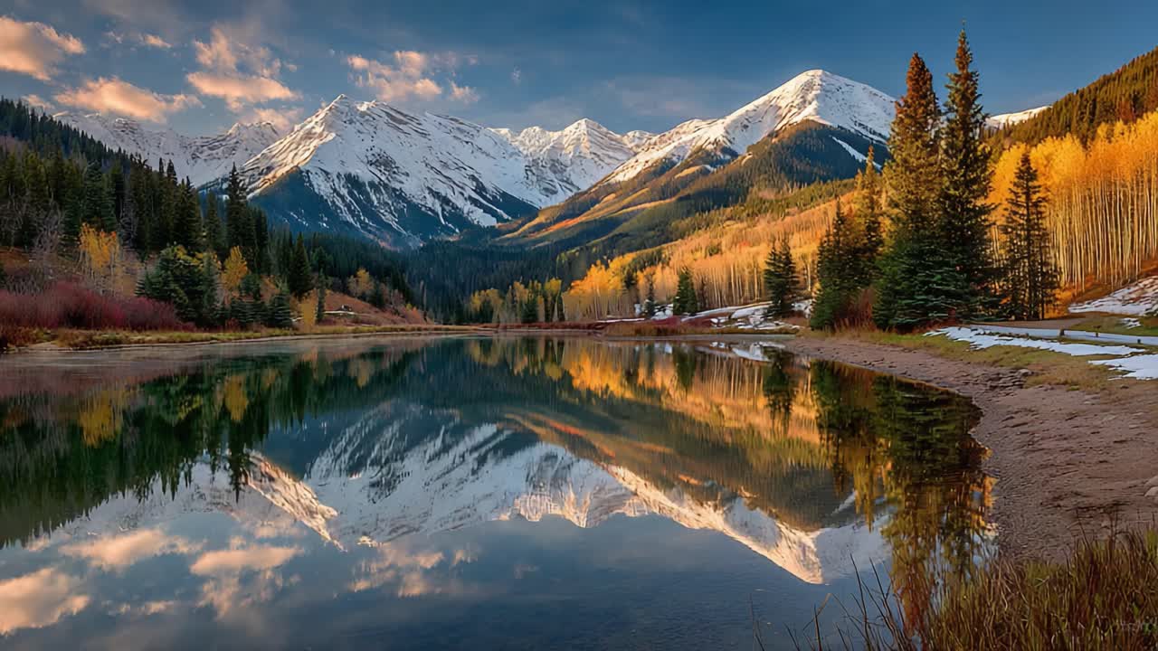 Paesaggio mozzafiato di montagne maestose e riflesso sereno in un lago tranquillo, circondato dai colori autunnali e cime innevate