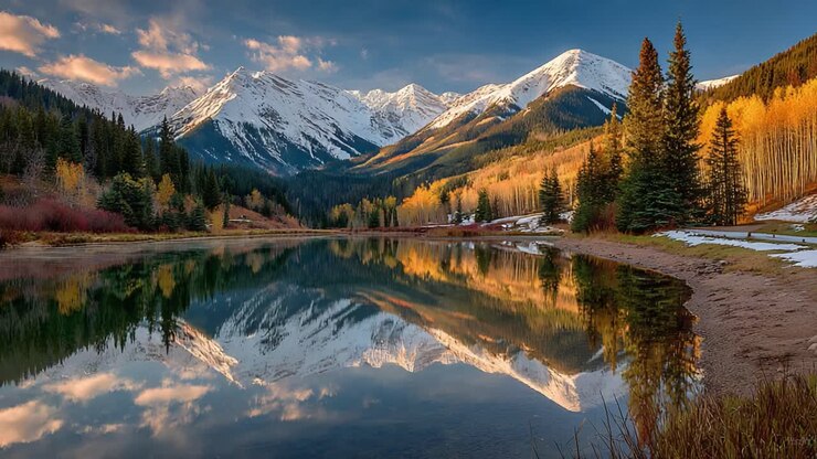 Paesaggio mozzafiato di montagne maestose e riflesso sereno in un lago tranquillo, circondato dai colori autunnali e cime innevate