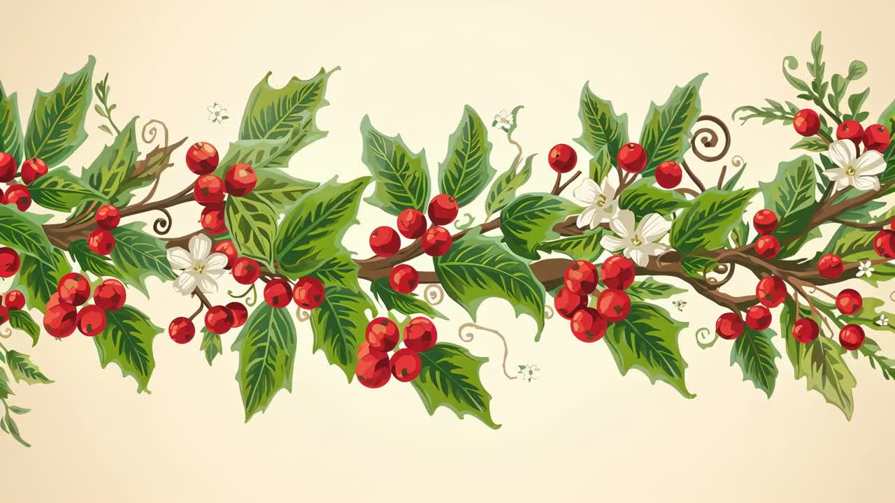 Shifting holly garland splitting central band on cream backdrop, shedding berries and leaves