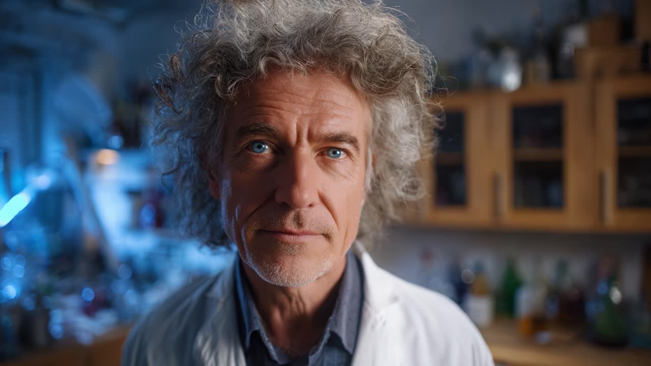 Et portræt af en eftertænksom videnskabsmand i en laboratorieindstilling, der fanger essensen af nysgerrighed og innovation inden for videnskabelig udforskning og opdagelse