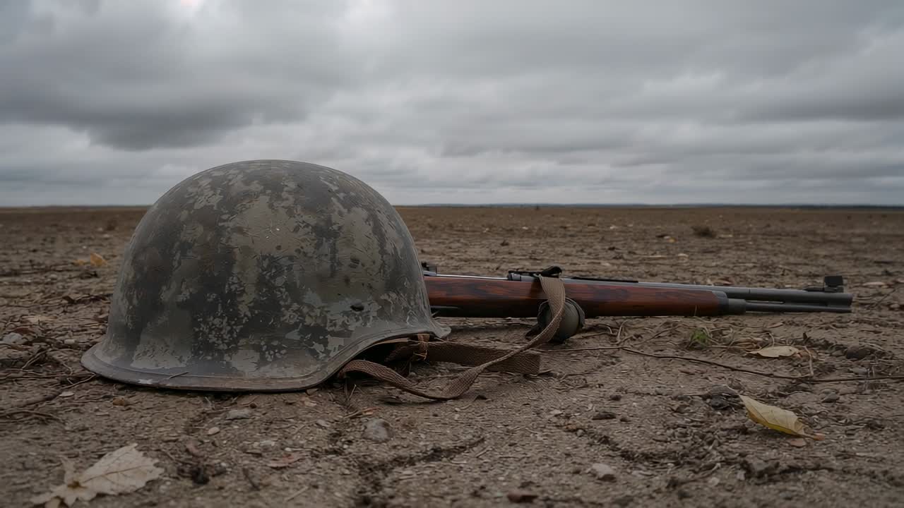 Opening fixed shot, camera focusing on combat helmet on open plain emphasizing stillness with rifle