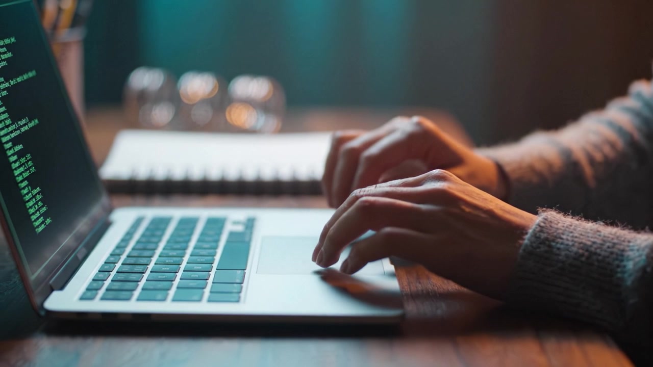 Close-up van handen die typen op een laptop met een open notitieboek en bril, wat een geconcentreerde werkomgeving en creatief proces toont.