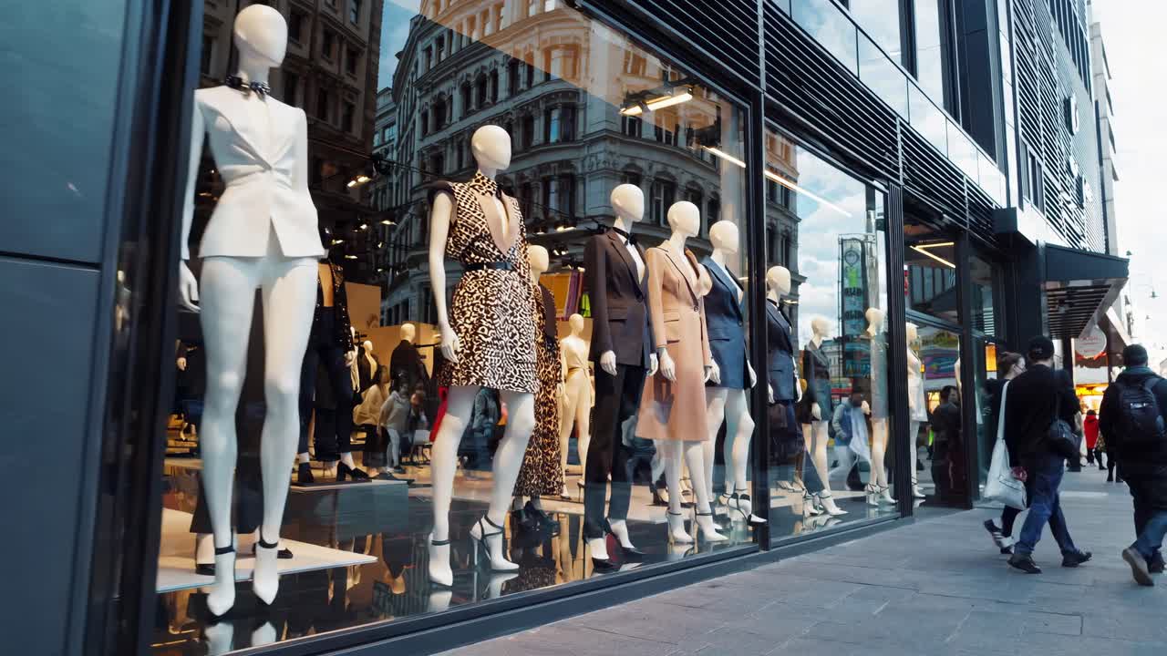 Street-level video captures mannequins in stylish outfits through a store window, showcasing urban
