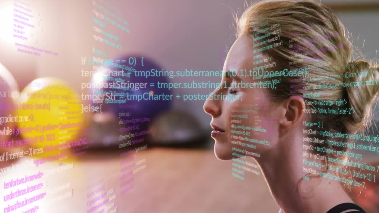 Woman meditating initiating camera pan syncing floating code over balls for fitness