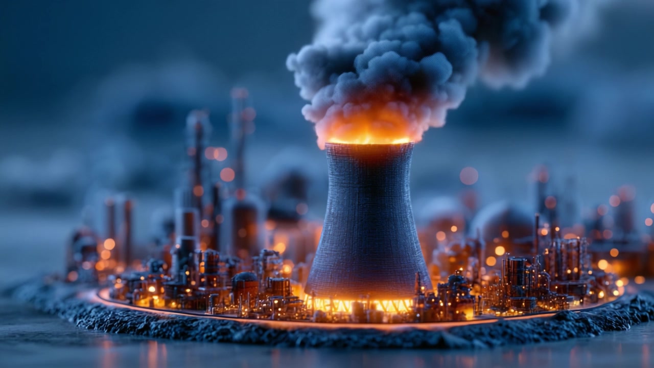 Una rappresentazione drammatica della maestosità industriale catturata in due fotogrammi, che mostra una torre di raffreddamento che emette fumo e fiamme in un paesaggio urbano notturno.