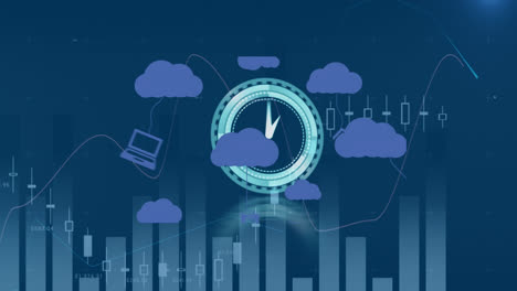 Animation-Von-Wolken-Mit-Symbolen-über-Diagramm-Und-Beweglicher-Uhr