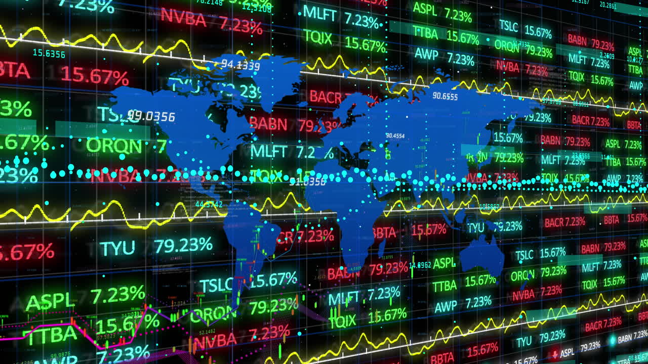 Animation of stock market data processing over world map against black background