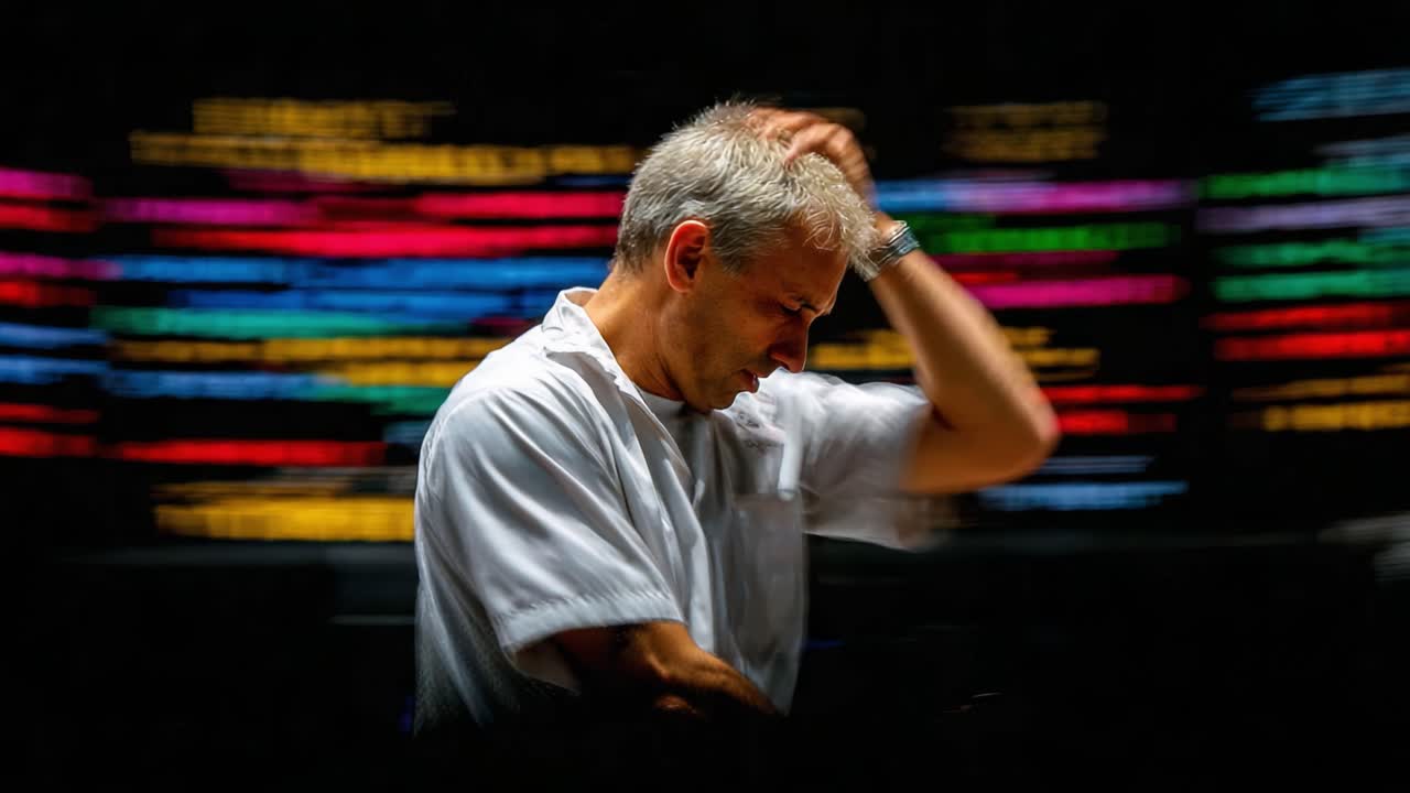 A Contemplative Moment: Capturing the Essence of Thoughtful Reflection Against a Vivid Background of Colorful Lights and Dynamic Visuals