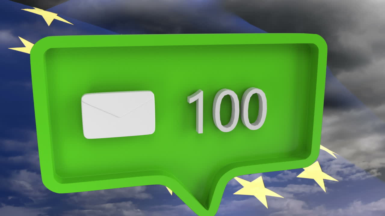 유럽 연합  ⁇ 발과 함께 음성 거품에 숫자를 가진 메시지 아이콘의 애니메이션