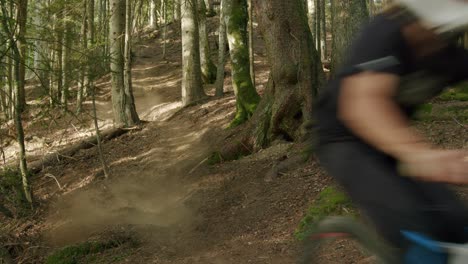 Ciclista-De-Montaña-Baja-Por-Una-Colina-Empinada-En-Un-Bosque