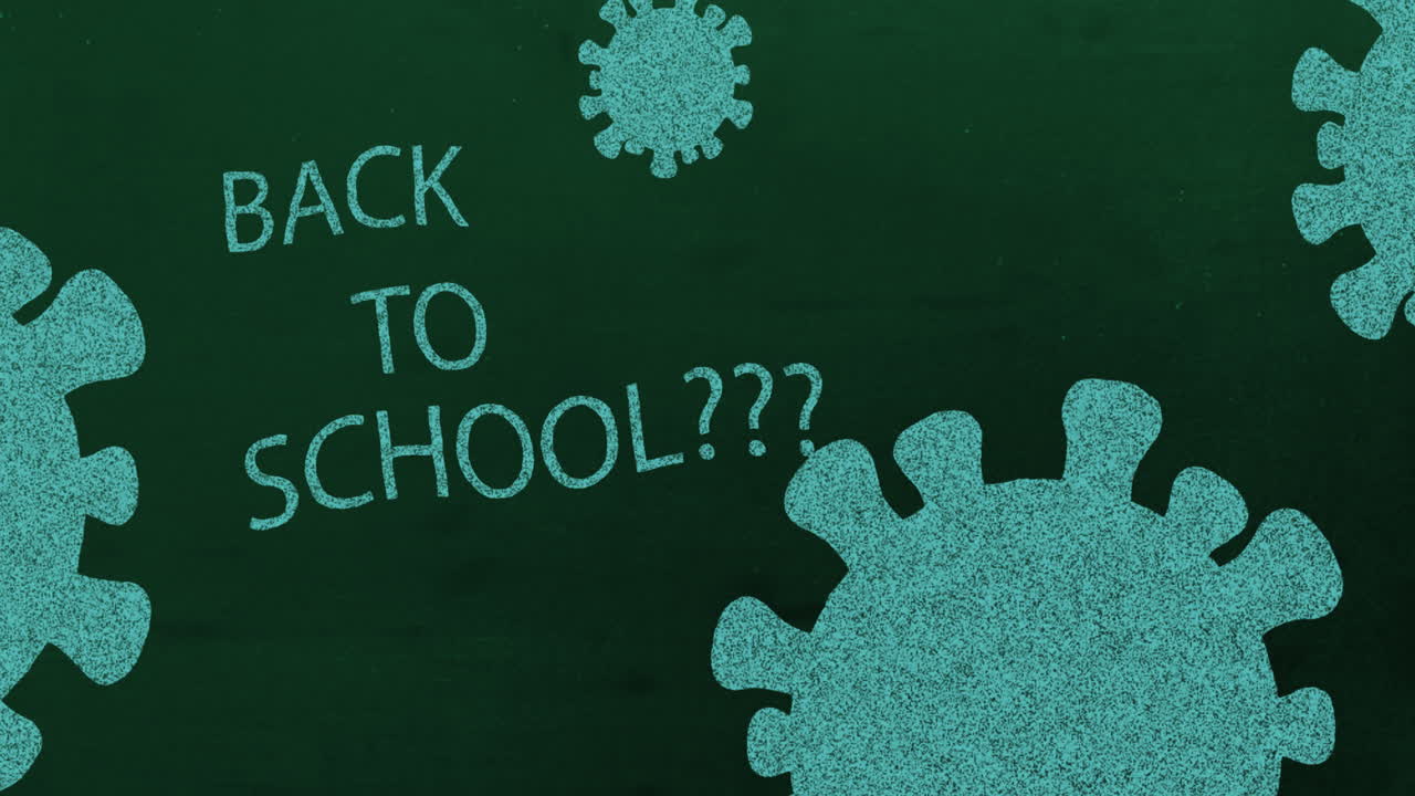 Animation of Back to School??? text with green coronavirus cells moving.
