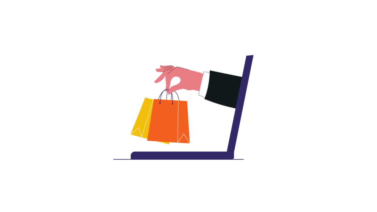 Mano animata con borse della spesa che emerge dallo schermo del portatile.
