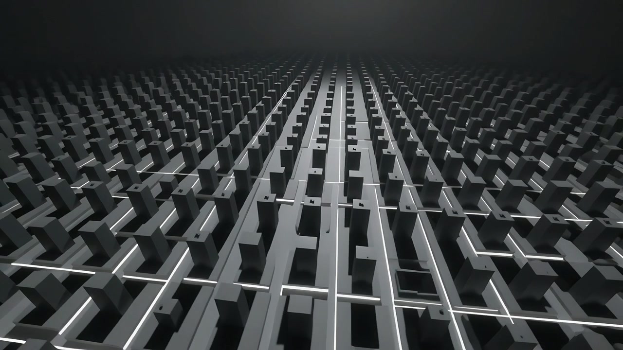 Moving camera revealing dense pillar grid in void showing pattern, with glowing rods sliding