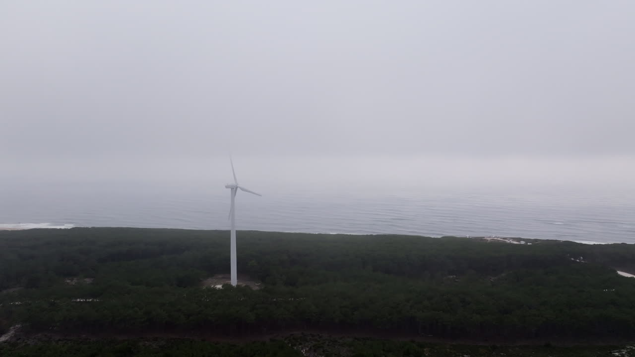 안개 속의 해안 풍력 발전소