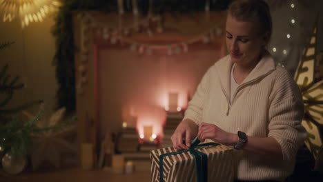 una mujer alegre preparando regalos de navidad está feliz por las próximas fiestas