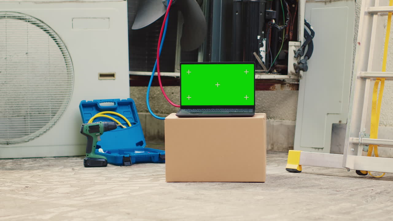 콘덴서가 있는 녹색 스크린 노트북